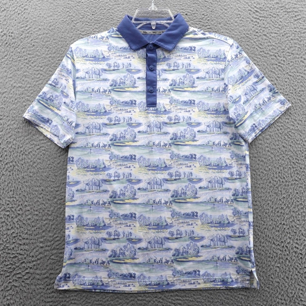 Walter Hagen Mens Clubhouse Golf Polo Shirt Small Blue White Landscape Print NEW
